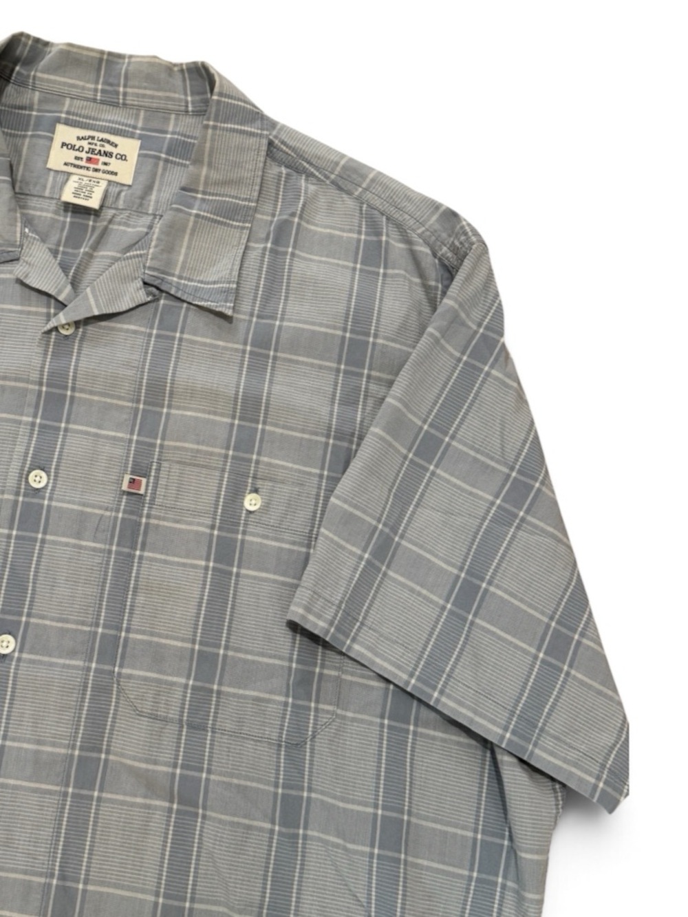 VTG 90s Polo Ralph Lauren Men’s Blue Gray Plaid Short Sleeve Button Down Shirt
